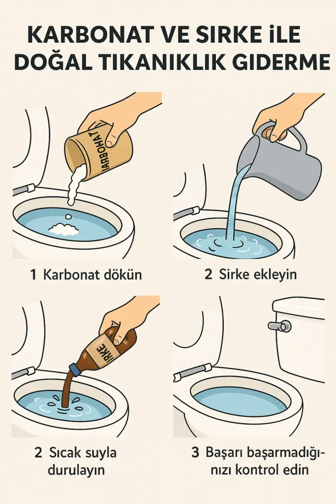 evde klozet tıkanıklığını karbonat ve sirke ile adım adım açma işlemi